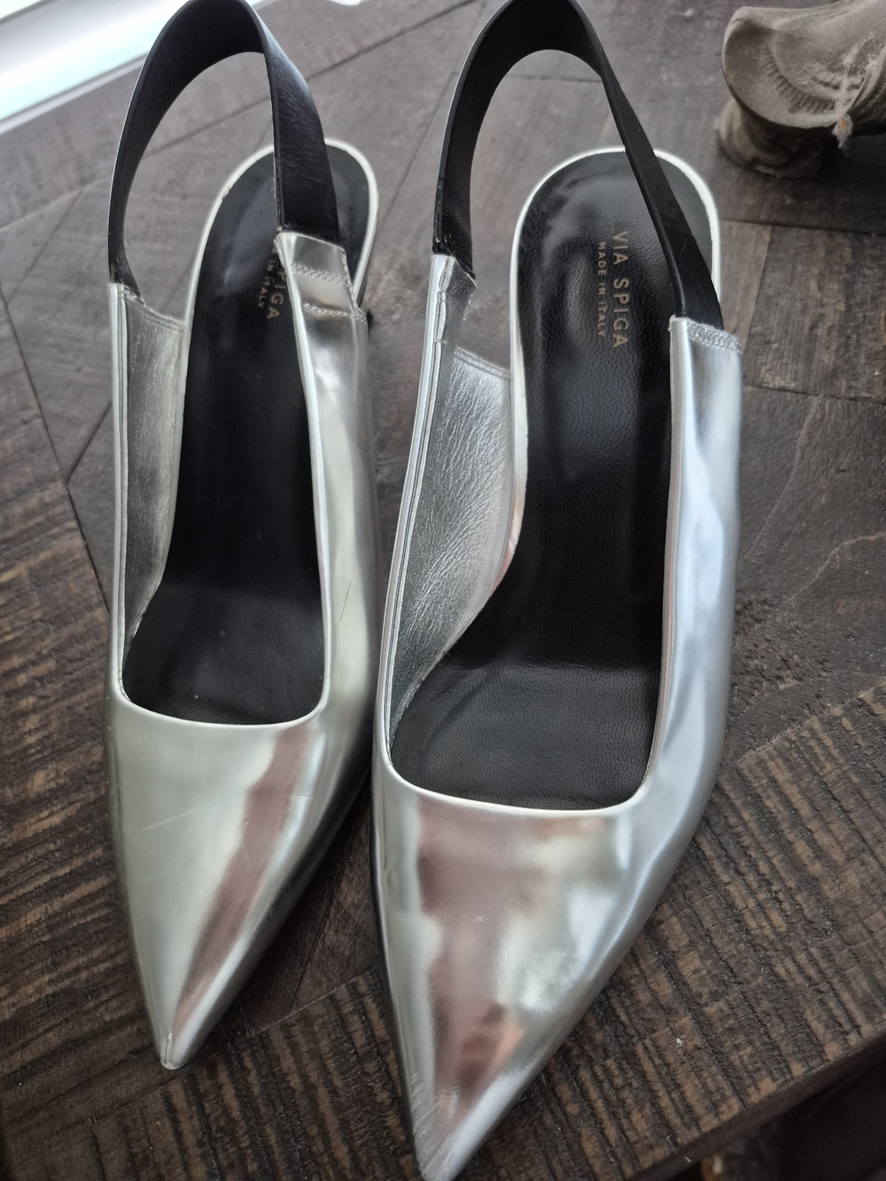 Via Spiga Metallic Silver Pointed Slingback Pumps